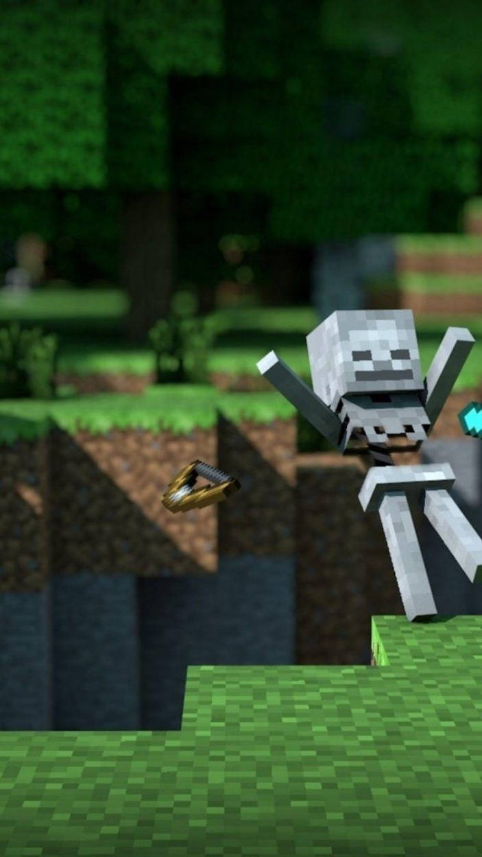 Minecraft 骷髏在森林中的長草懸崖上手持發光的劍。