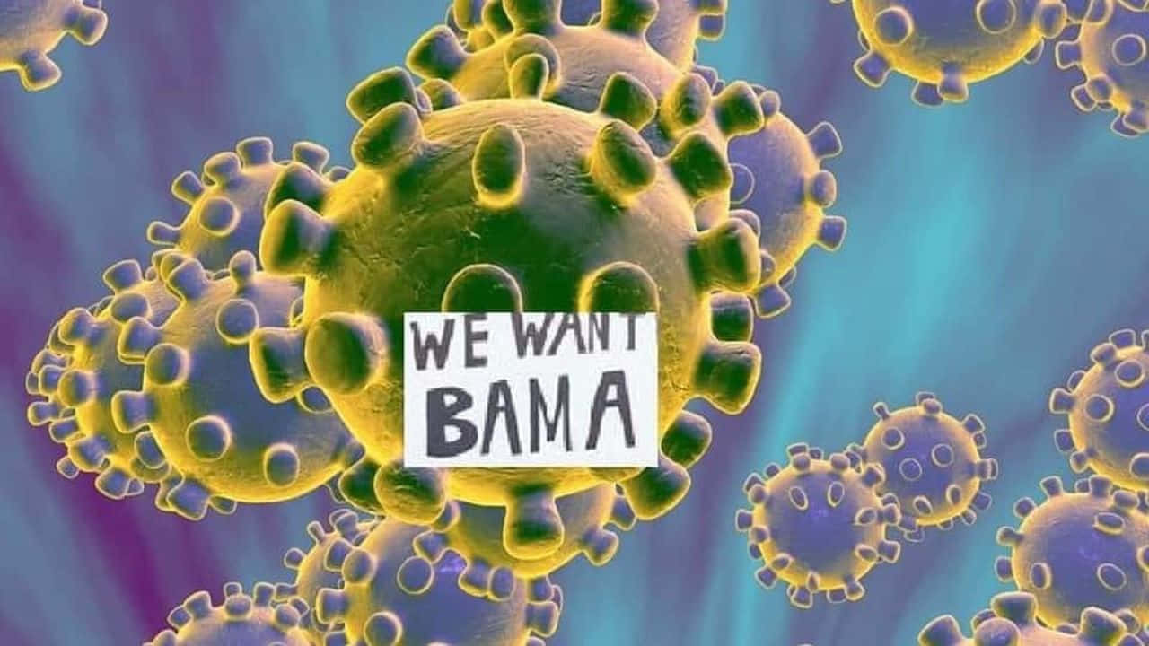 黃色病毒粒子，帶有寫著 we want bama 的標誌，背景為藍紫色漸變。