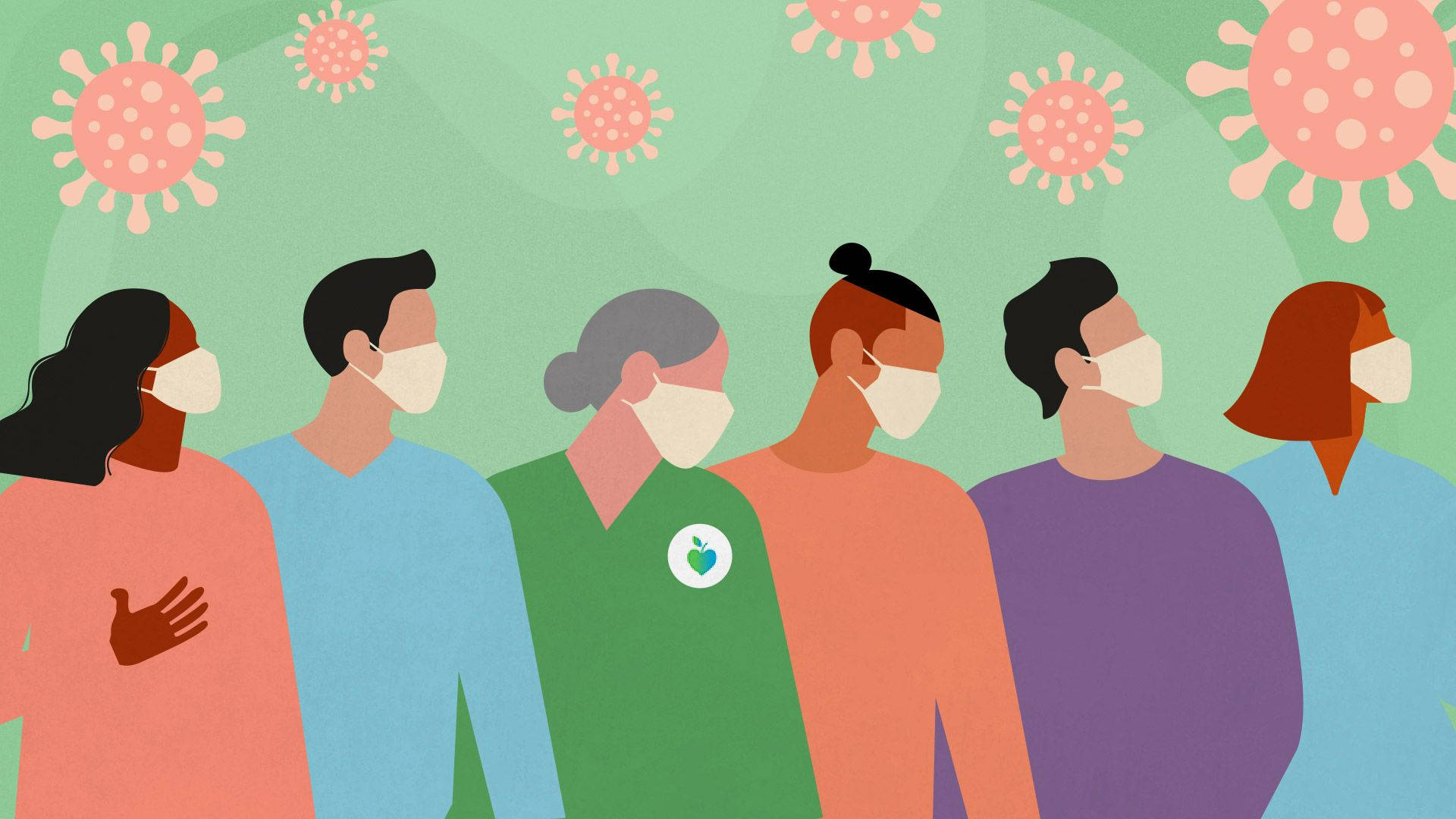 冠狀病毒與前線人員藝術 壁紙 — 插圖組，不同人士佩戴口罩，站在綠色背景上漂浮的病毒圖標下方。