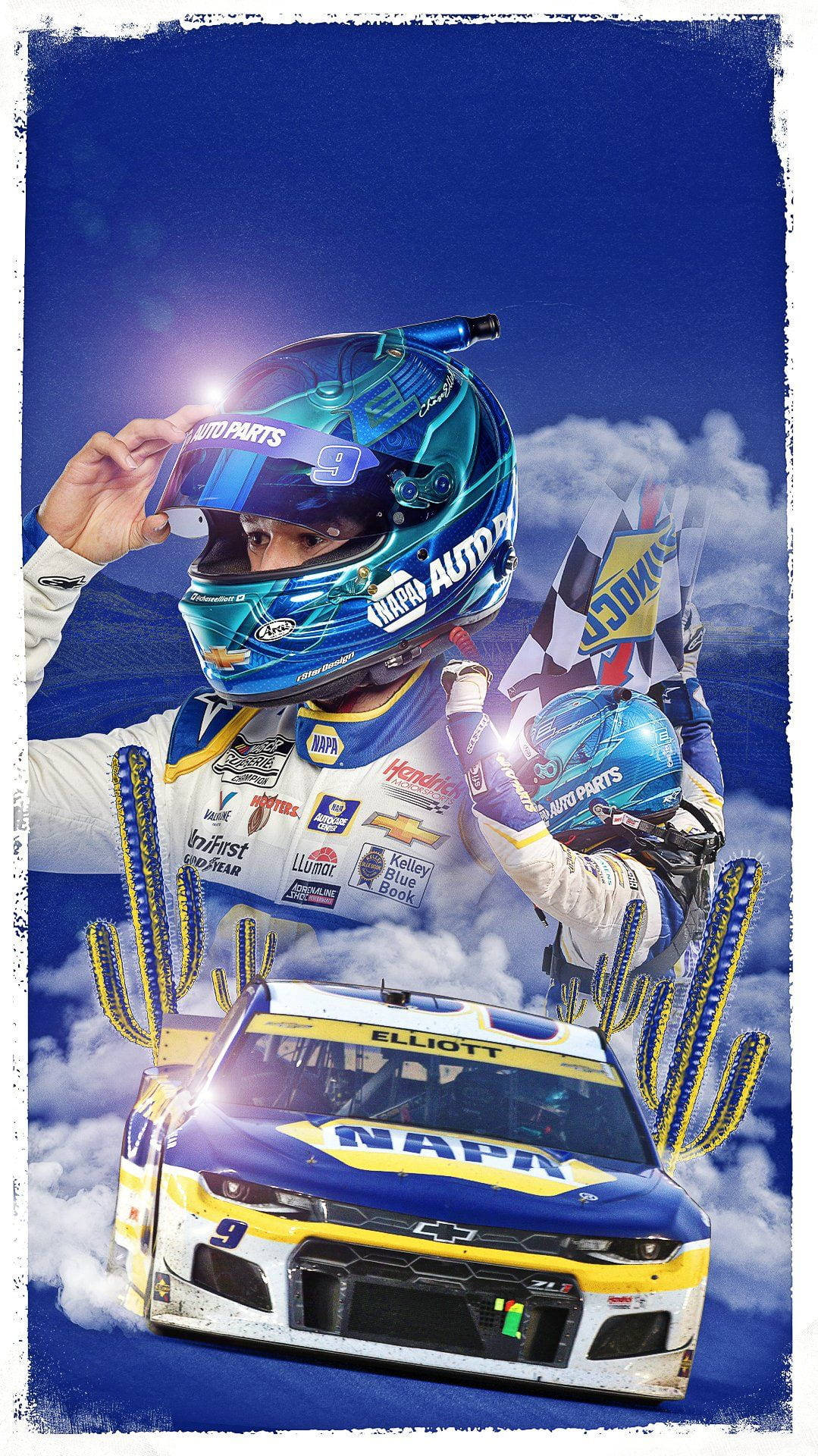 NASCAR車手在雲端之上手持方格旗，在賽車旁慶祝勝利。