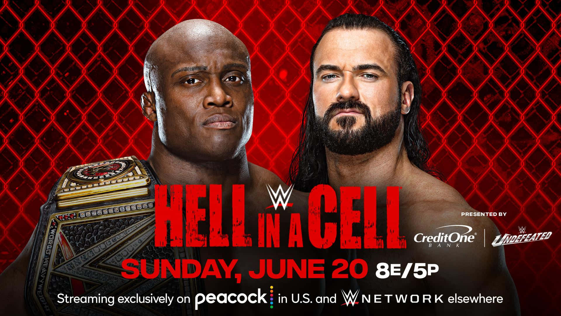 WWE摔角手在Hell in a Cell活動中對峙，帶有冠軍腰帶和廣播資訊。