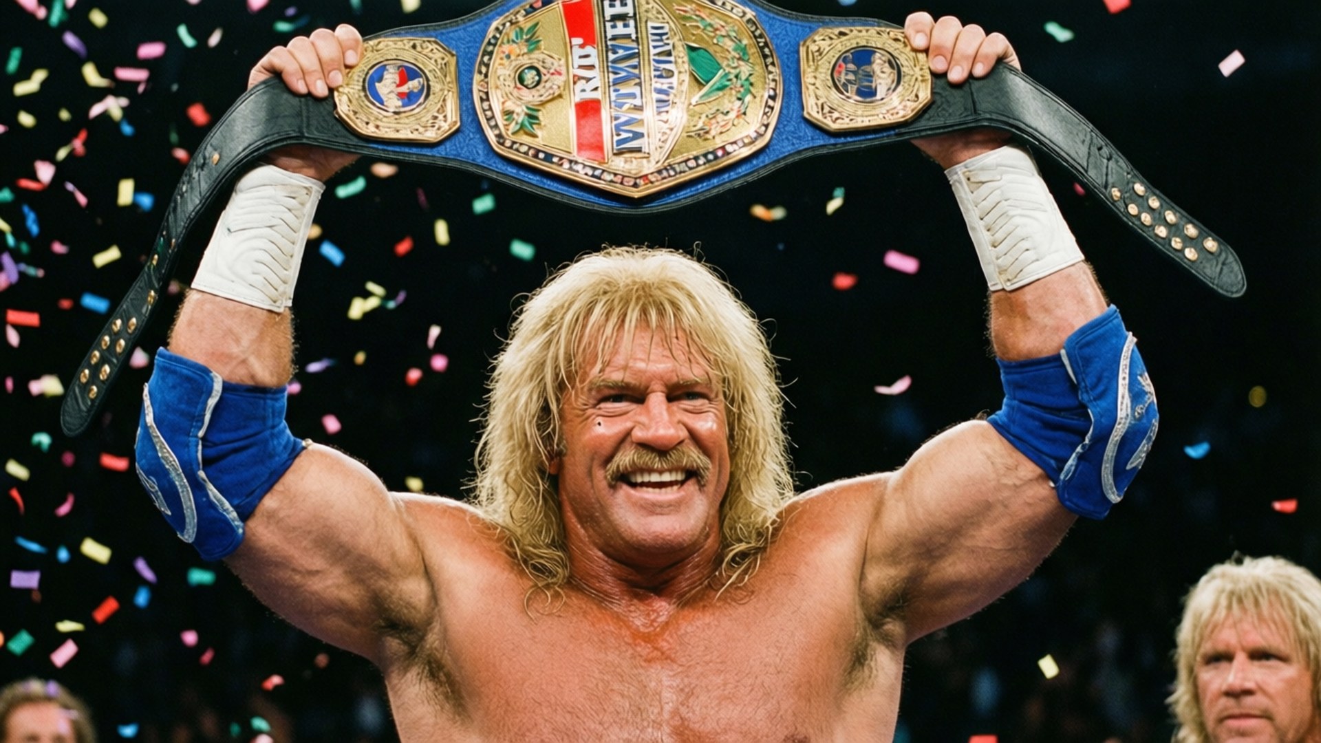 Hulk Hogan 手持 WWE 冠軍腰帶慶祝勝利，紙屑飄落。
