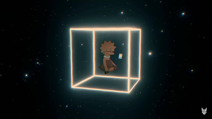 一個卡通人物坐在外太空被星星包圍的發光立方體內。