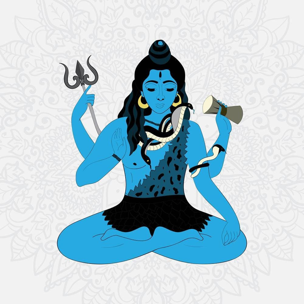藍皮膚的印度教神濕婆手持三叉戟和鼓，在花卉圖案前冥想。