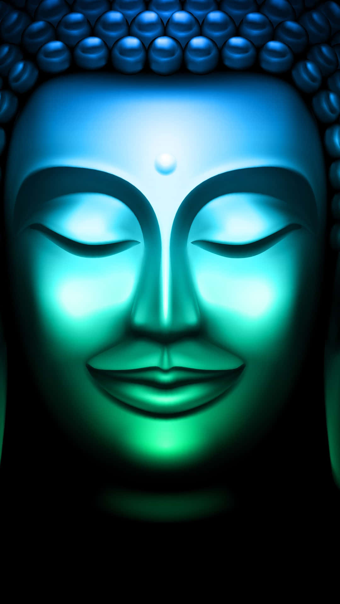 發光的佛陀面容特寫，雙眼緊閉，表情寧靜。