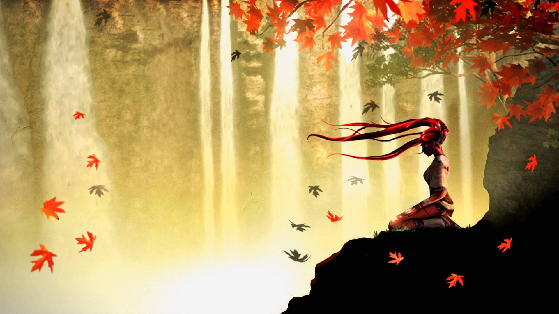 冥想藝術 壁紙 — 一個紅髮人物以剪影形式坐在懸崖邊緣，下方是層疊的瀑布和鮮豔的秋日楓葉。