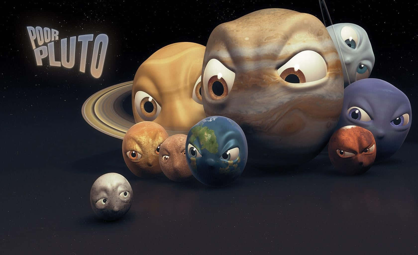 帶有臉部的卡通行星在太空中看著觀眾，並帶有 'Poor Pluto' 文字。