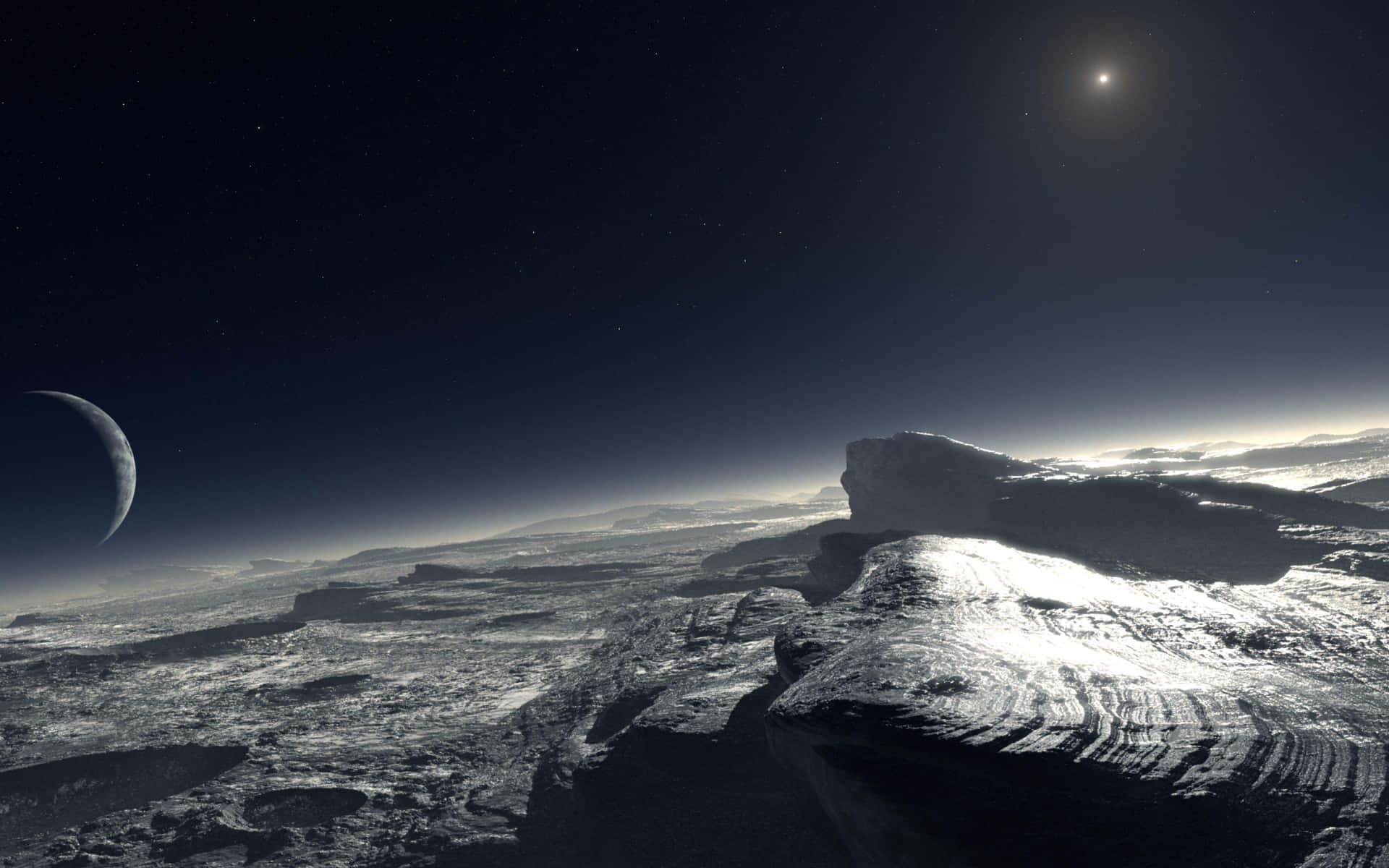 天空中有月亮和星星的外星行星表面