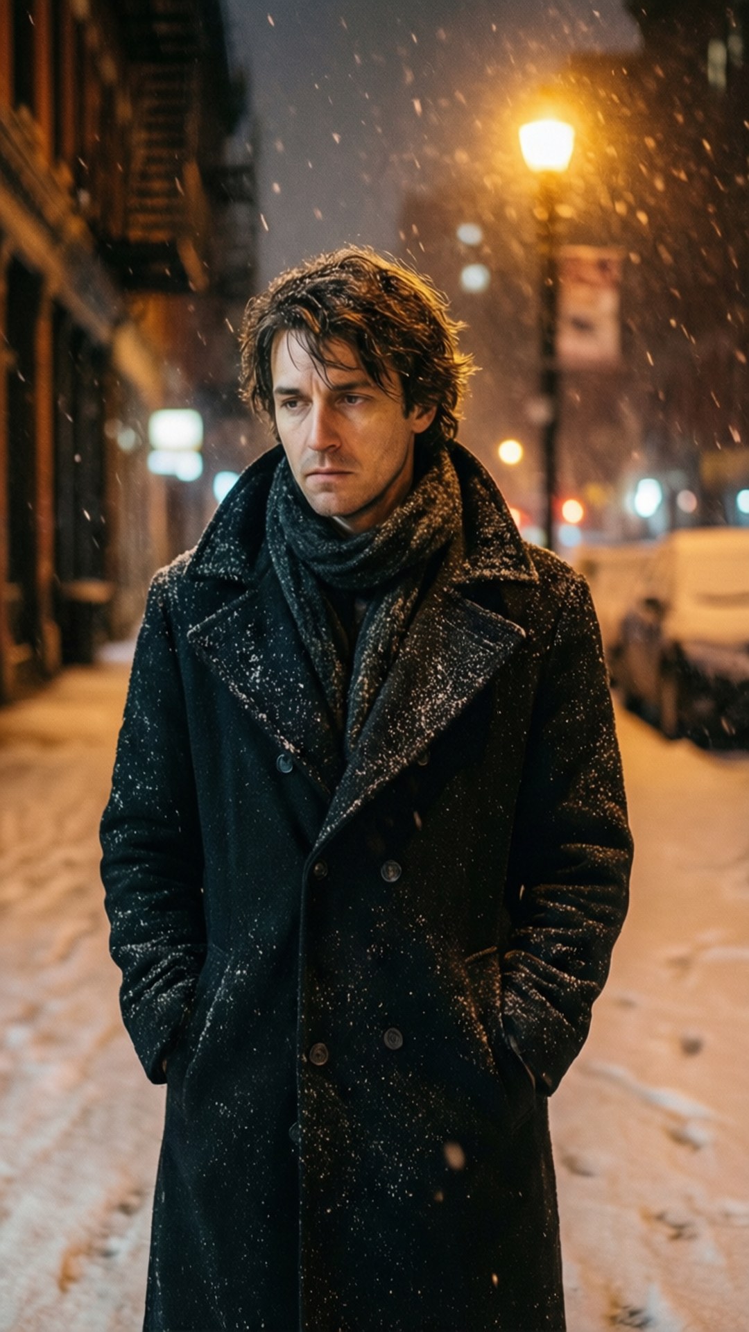穿深色外套的男人夜晚站在城市街道的雪中，路燈下