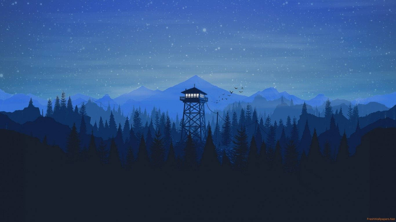 星空夜空下森林中的瞭望塔，背景有山脈