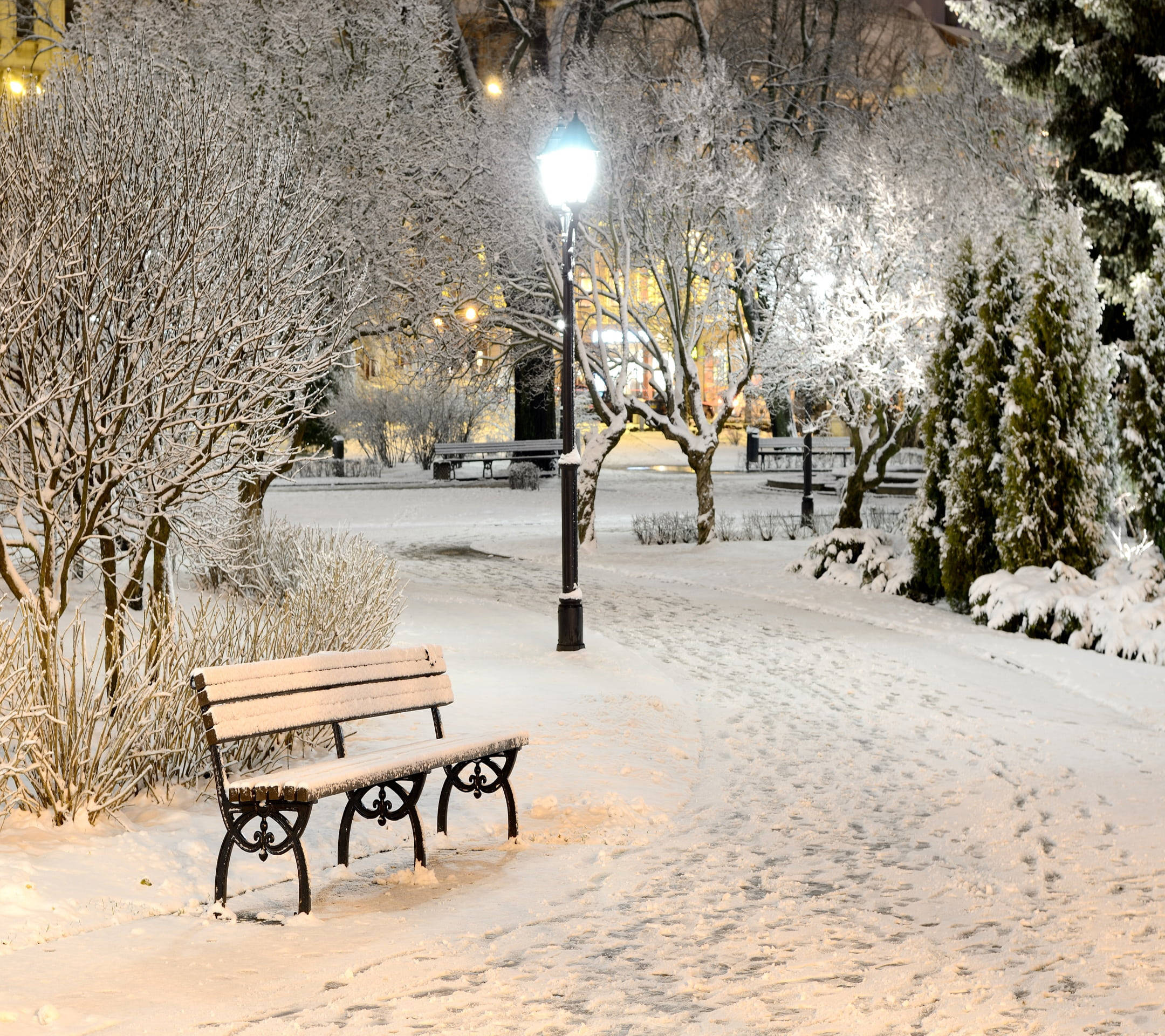 冬夜街燈下的社區公園 壁紙 — 一張被雪覆蓋的公園長椅在夜晚的路燈下發光，周圍有結霜的樹木和新雪上的腳印。
