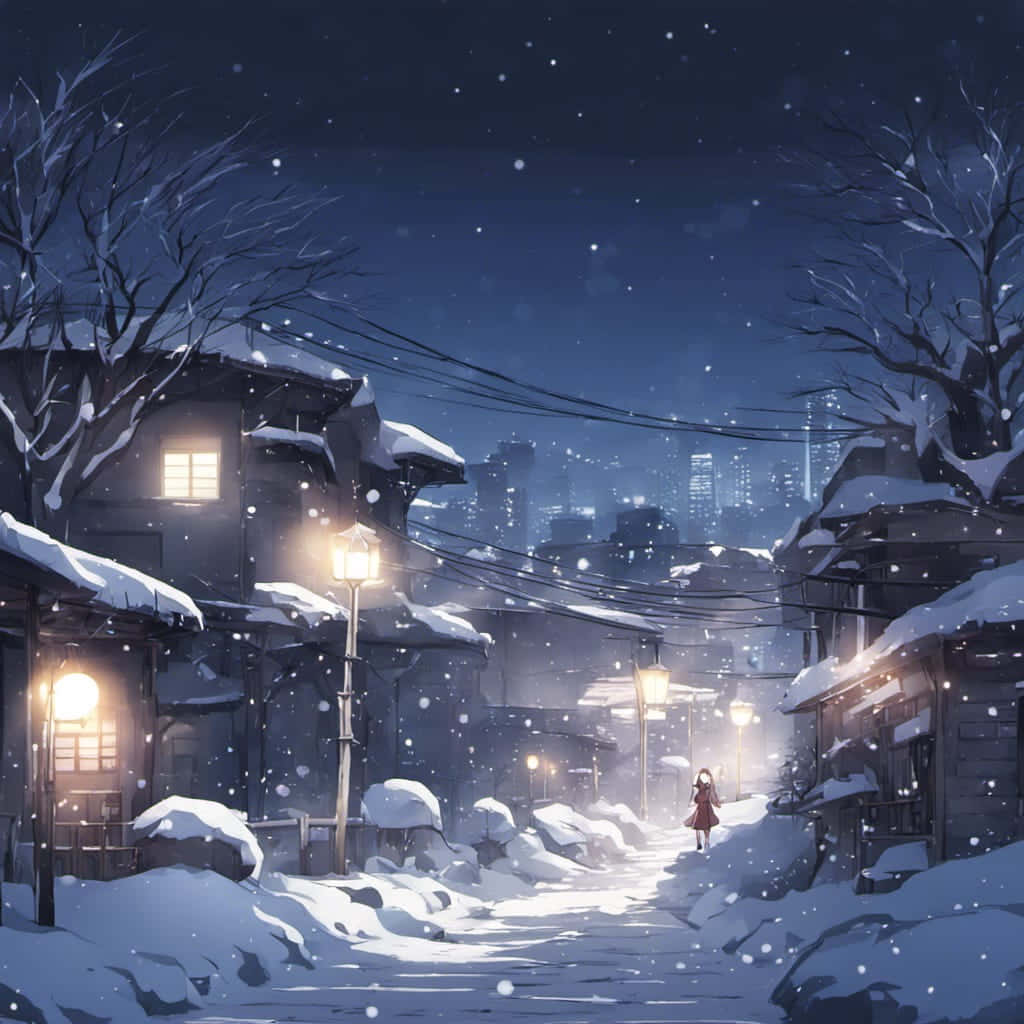 冬夜雪中漫步城市街景 壁紙 — 一個孤獨的身影在夜晚走在一條積雪覆蓋的街道上，溫柔的雪花在發光的燈籠和遠處的城市燈光下飄落。
