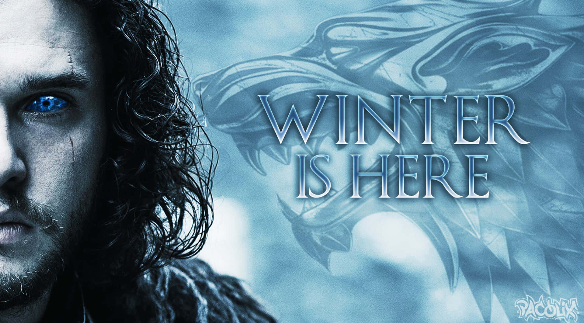 藍眼睛男人與龍圖案及文字 winter is here