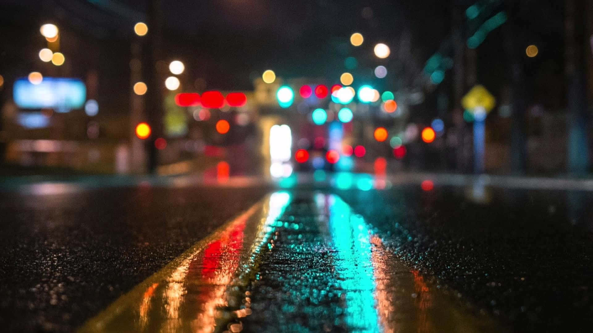 冬季之美 壁紙 — 雨濕的夜間城市街道，濕漉漉的瀝青和黃色中心線上反射著發光的散景燈光。
