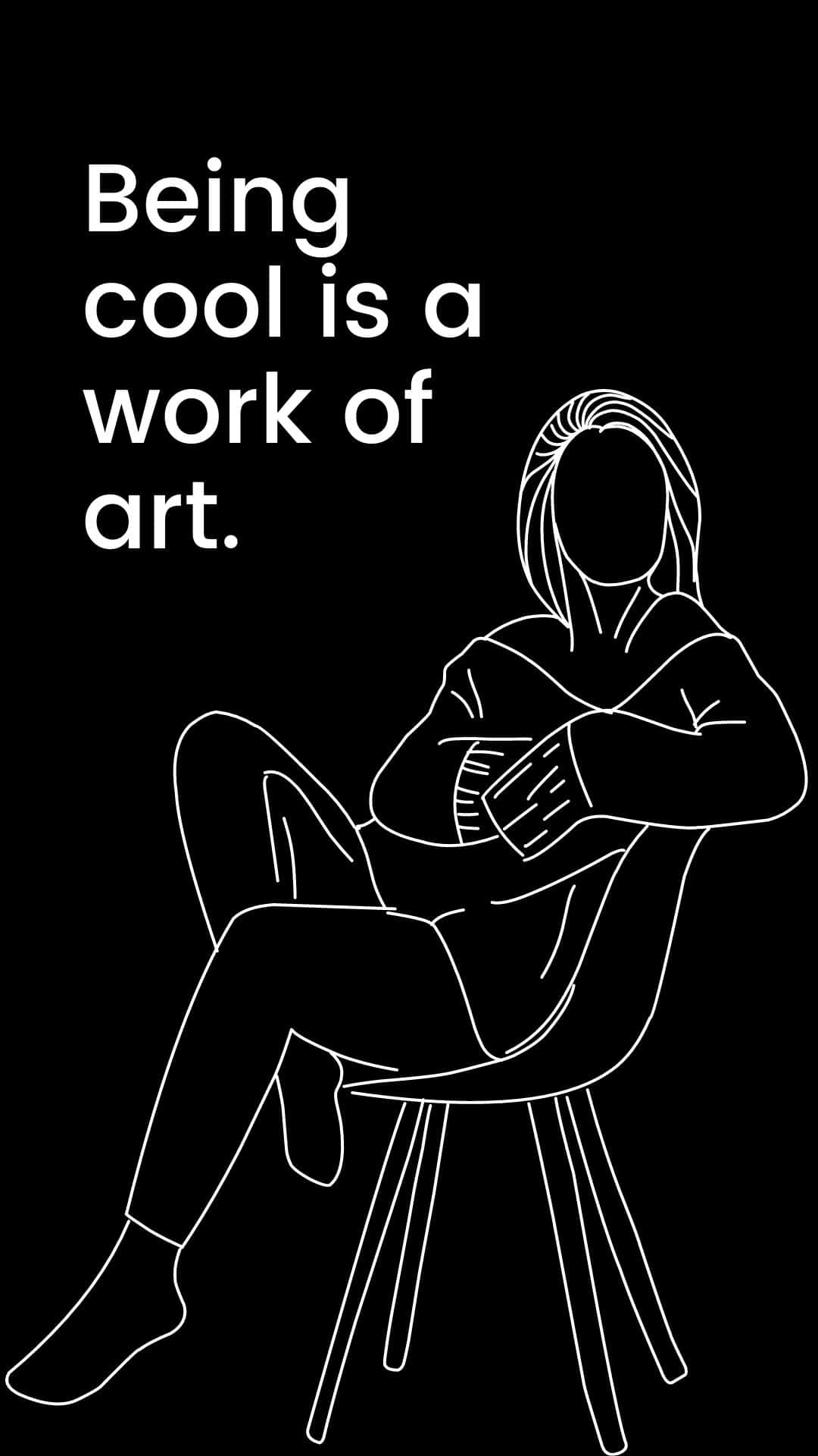 冬季仙境 壁紙 — 一個極簡風格的白色線條藝術插圖，描繪一個人自信地坐在椅子上，背景為黑色並帶有文字。