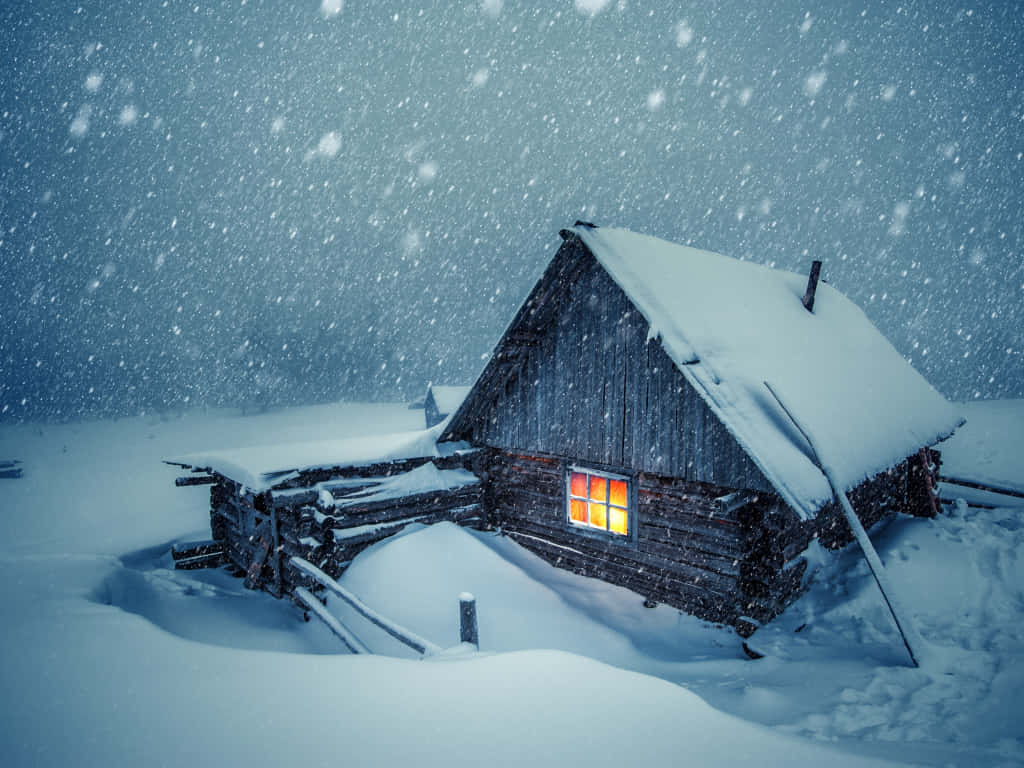 在暴風雪中的舒適小屋，窗戶發出光芒。