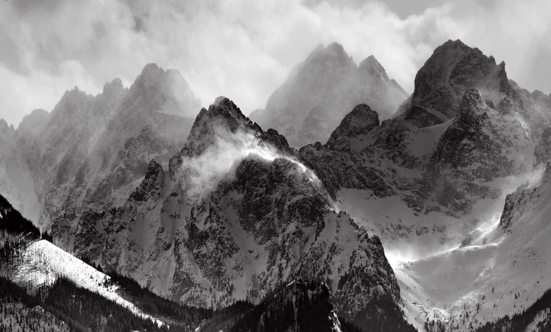 冬季仙境——美麗的雪山景觀 壁紙 — 單色山峰穿透霧雲，積雪依附在鋸齒狀山脊和下方的森林斜坡上。