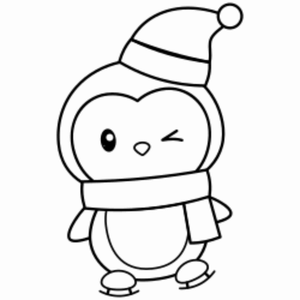 冬季企鵝塗色圖 壁紙 — 一隻可愛的線條畫企鵝，戴著聖誕帽和圍巾，一邊溜冰一邊眨眼。