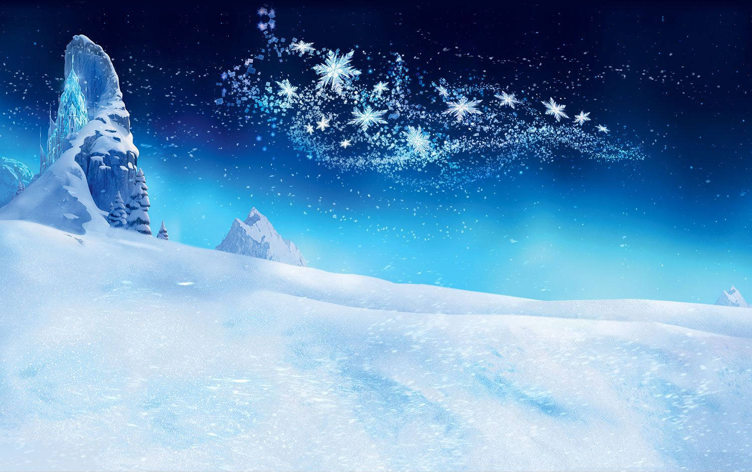 冬季冰封城堡 壁紙 — 一個神奇的冬夜，白雪覆蓋的山脈在充滿發光雪花和星星的天空下。
