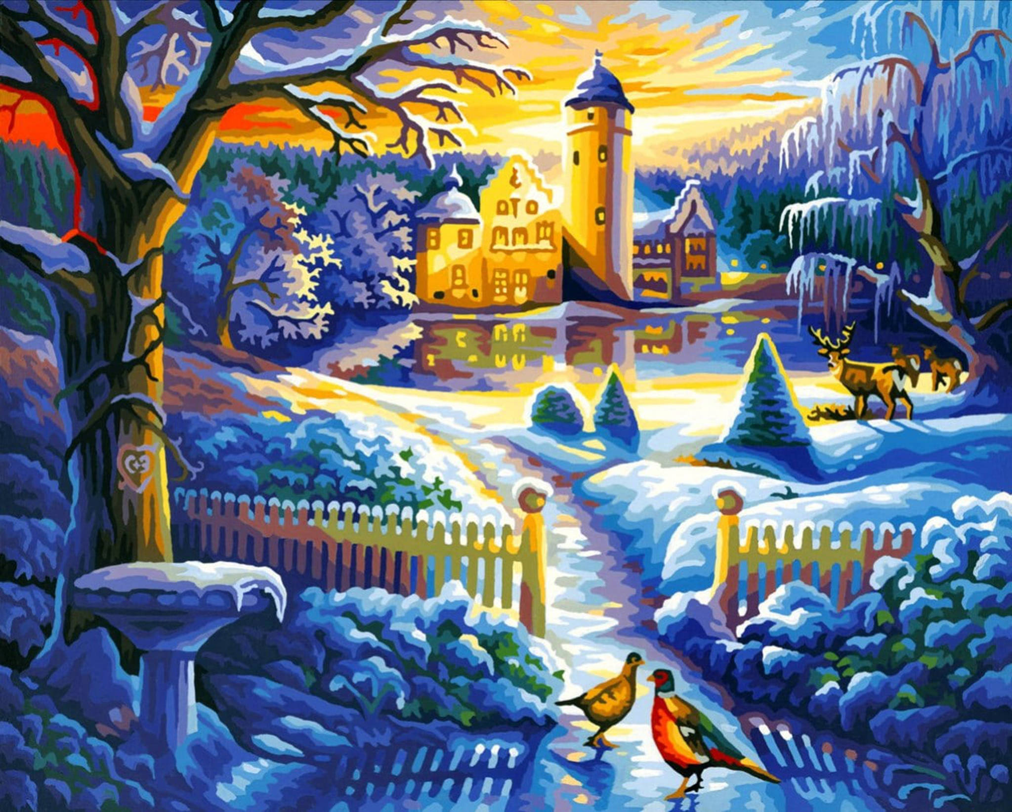 冬季冰封城堡 壁紙 — 一個充滿活力的冬季場景，被雪覆蓋的城堡在日落時溫暖地發光，鹿在吃草，色彩繽紛的鳥兒在小路上。
