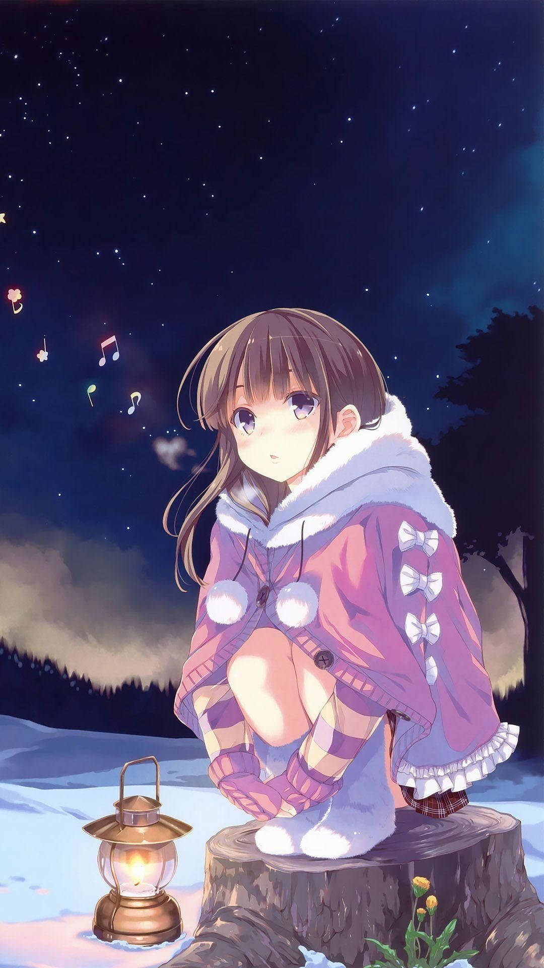 動漫女孩穿著冬季外套坐在雪樁上，提著燈籠，在星空下飄浮著音樂符號。