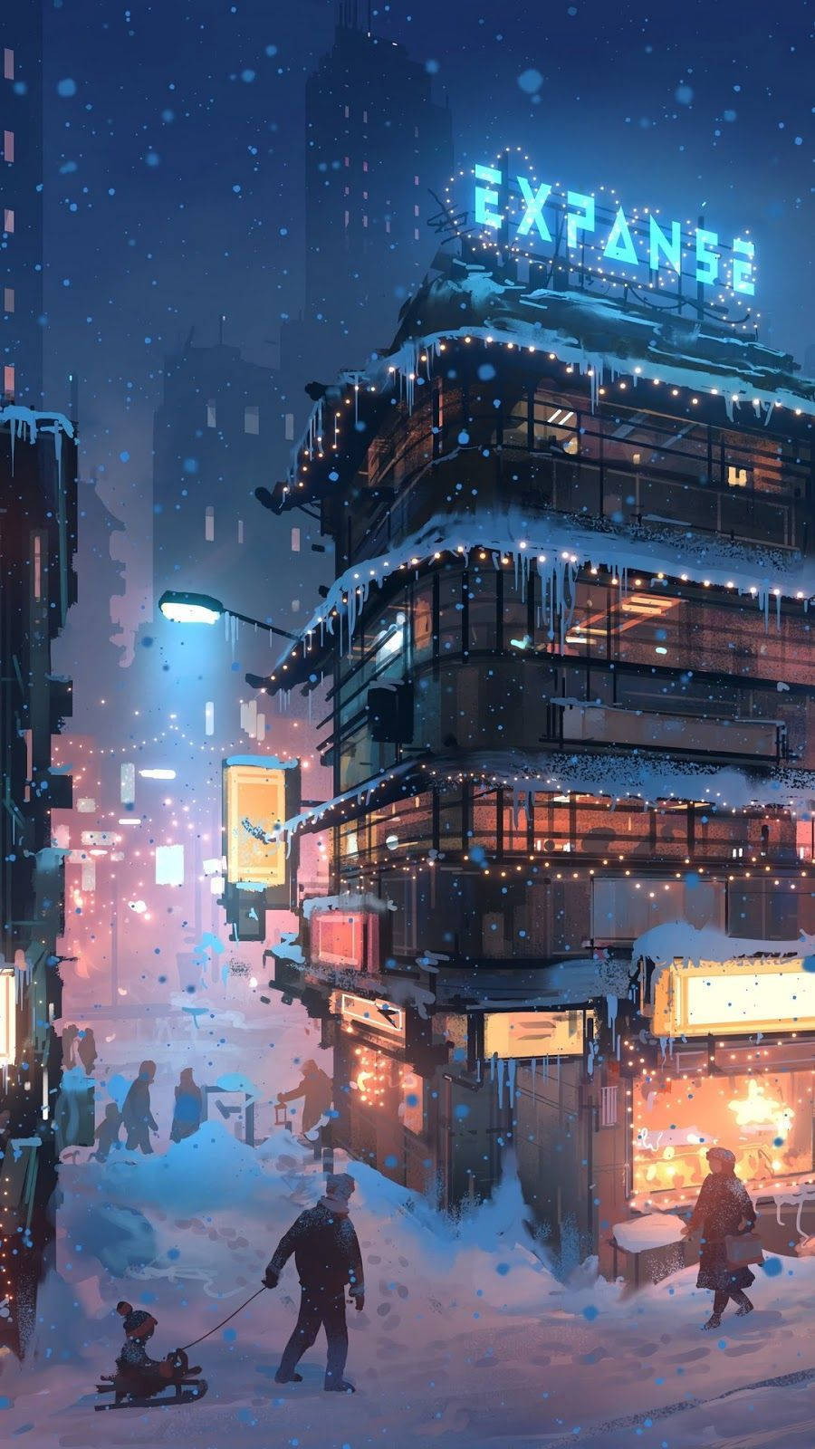 冬季動漫風格EXPANSE建築手機壁紙 壁紙 — 白雪覆蓋著一條霓虹燈照亮嘅城市街道，夜晚人們走過發光嘅商店櫥窗同埋一座有發光招牌嘅高聳建築物。