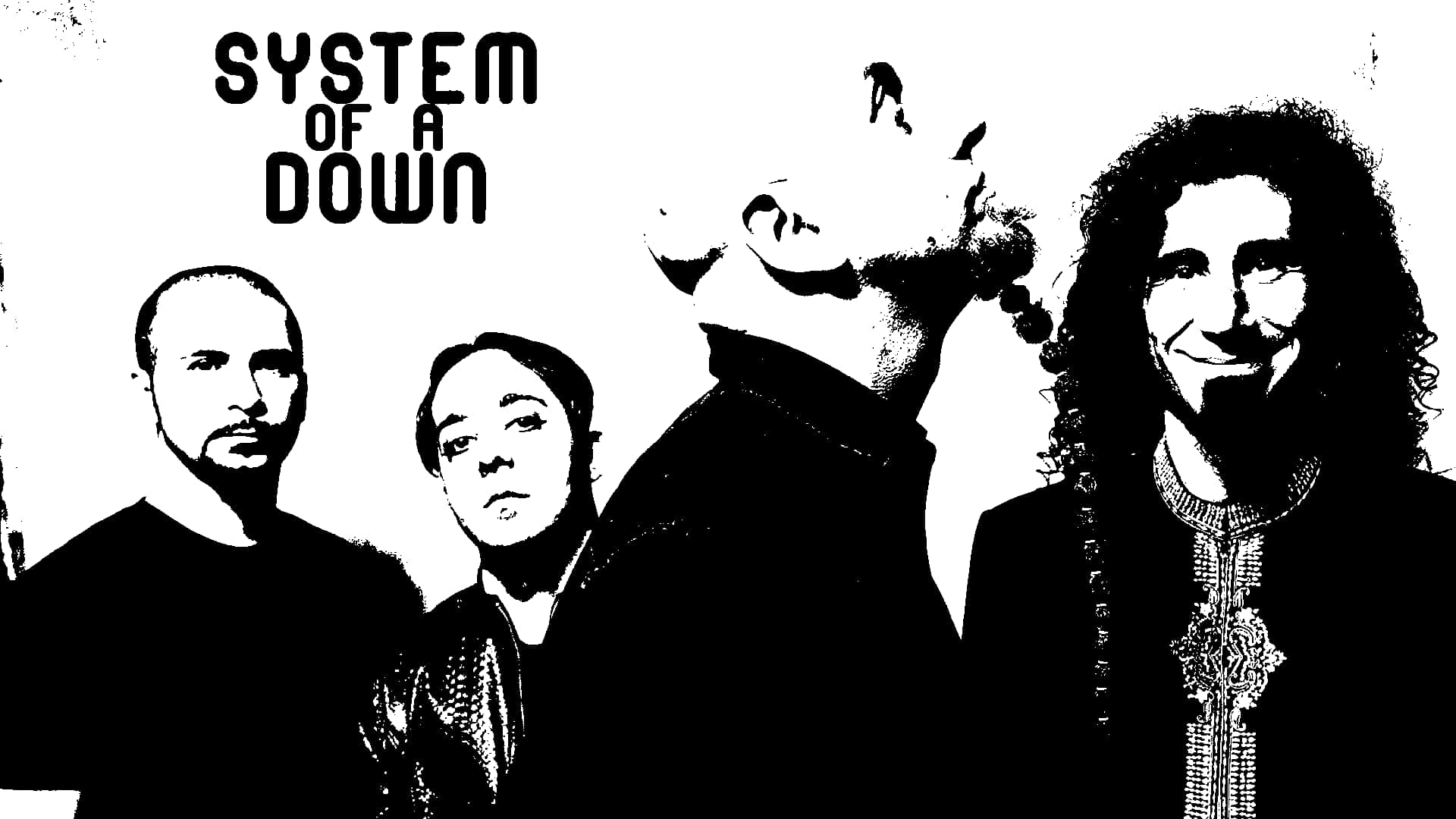 System of a Down 樂團成員的黑白風格肖像。