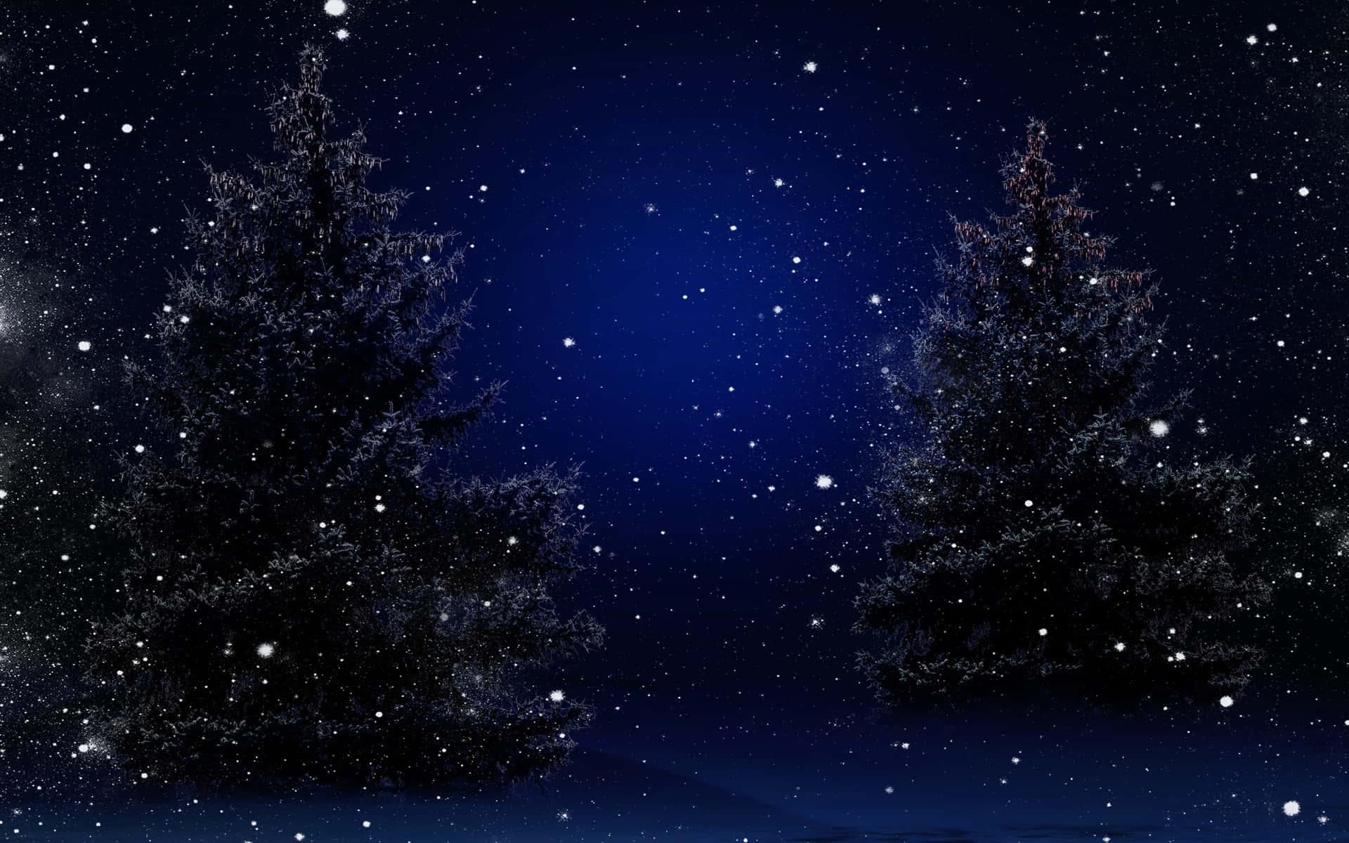 兩棵松樹剪影映襯著繁星點點的冬夜，雪花飄落。