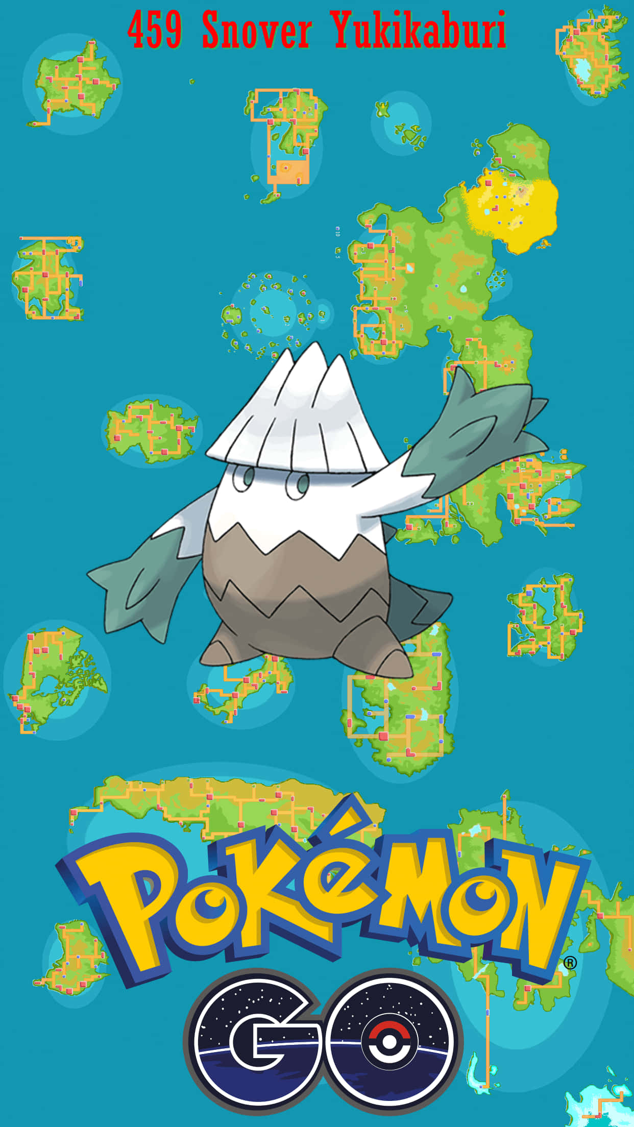 冬季奇景雪霧樹 壁紙 — 一隻名為 Snover 的雪山主題寶可夢漂浮在 Pokémon GO 區域地圖上方，背景為青綠色。