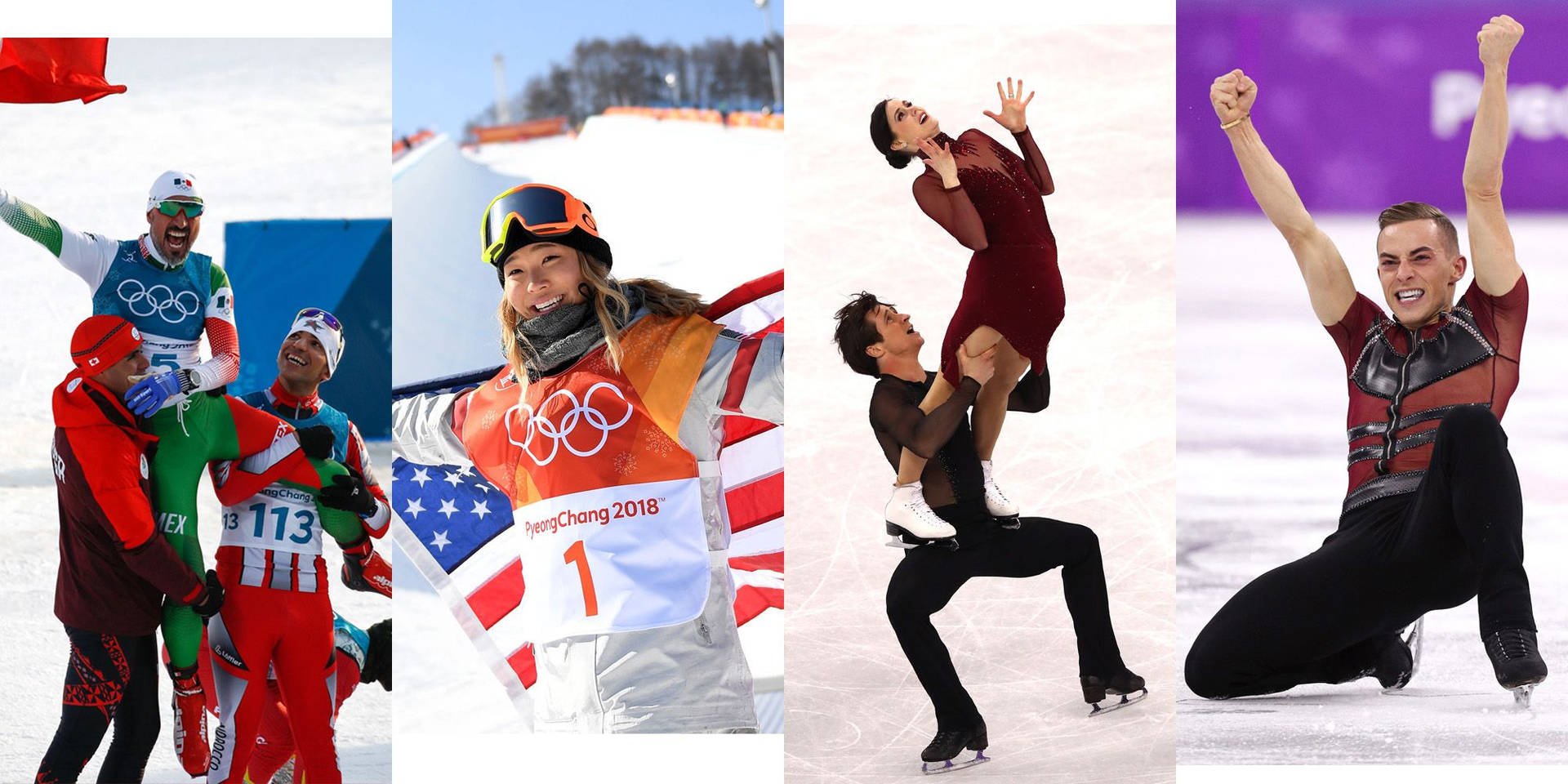 奧運選手在雪地和冰上揮舞旗幟和獎牌慶祝勝利。