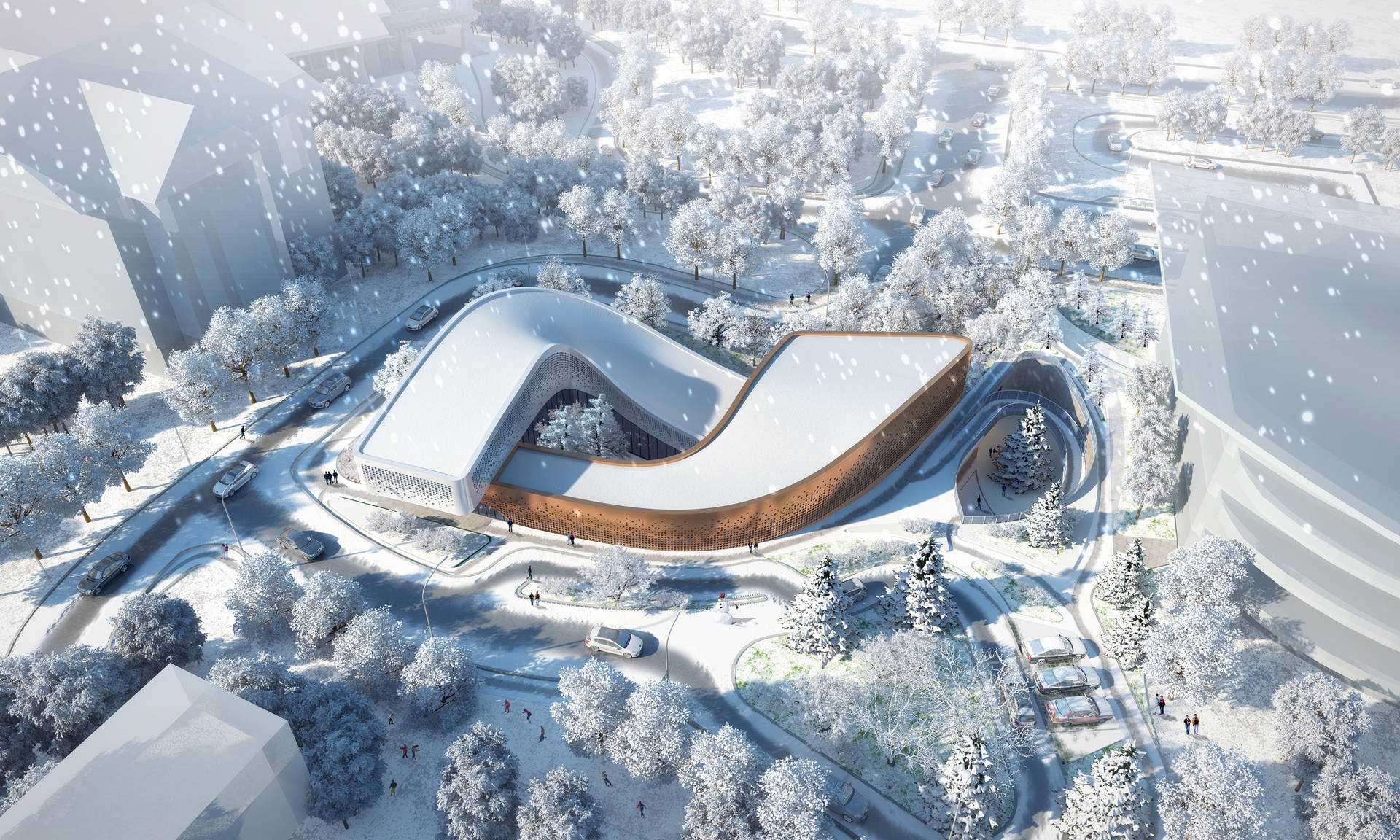 未來主義曲線建築，帶有木質面板，位於雪中的城市公園，降雪期間。