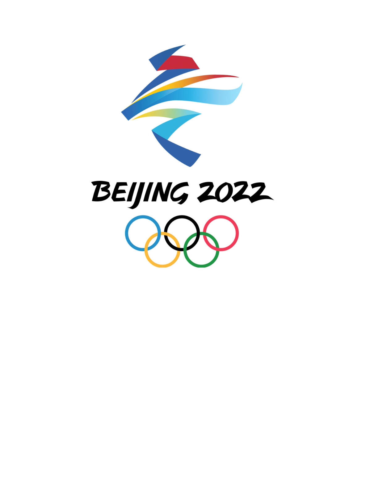 冬季奧運的精彩夜景 壁紙 — 北京2022年冬季奧運會標誌，彩色絲帶設計和奧運五環在白色背景上。
