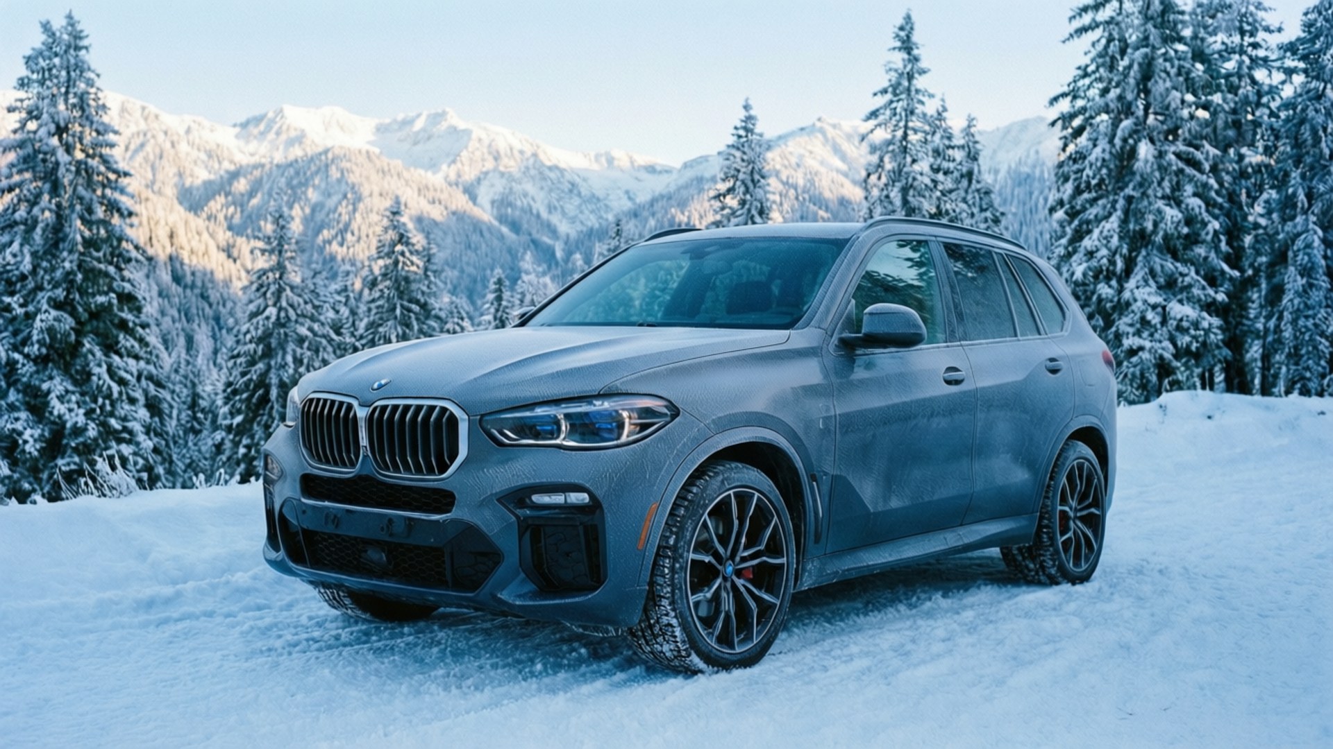 灰色BMW X5 SUV停泊在雪地森林中，背景是白雪覆蓋的山脈。