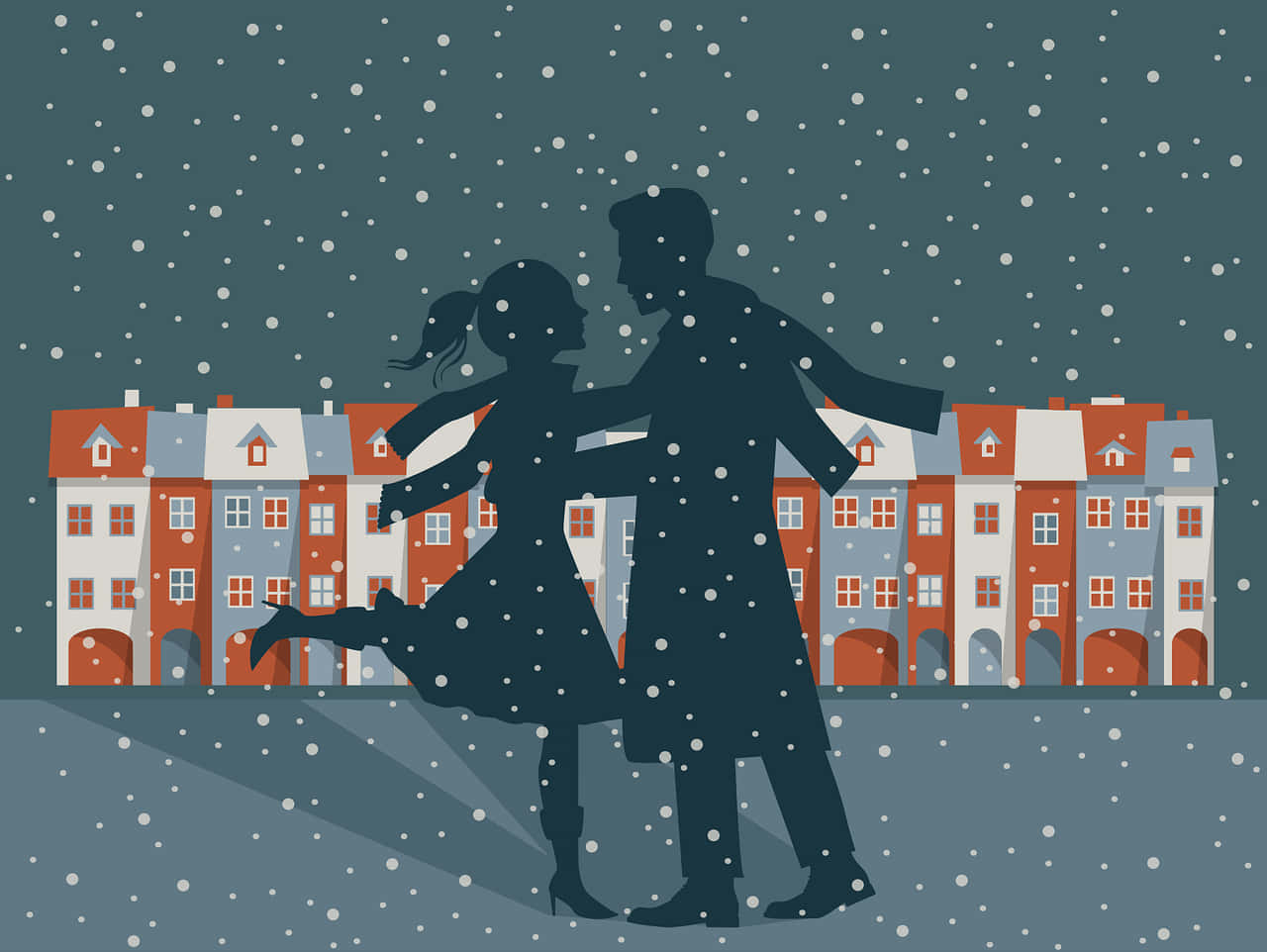情侶在雪中跳舞，背景是色彩繽紛的建築物
