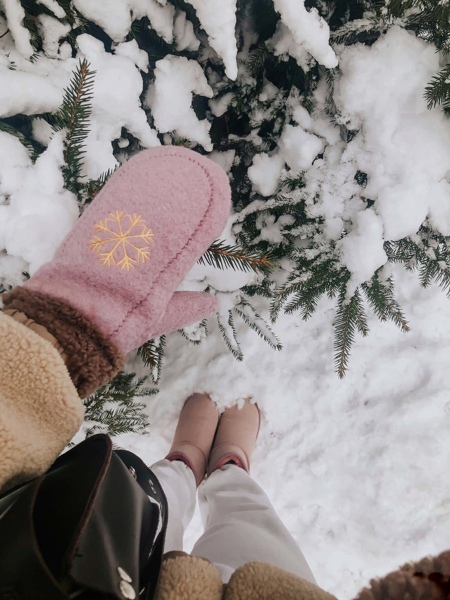 冬季手套溫馨風情：女子拍攝手套 壁紙 — 一個人的粉紅色雪花手套和靴子站在冬季森林中積雪的常綠樹枝上。