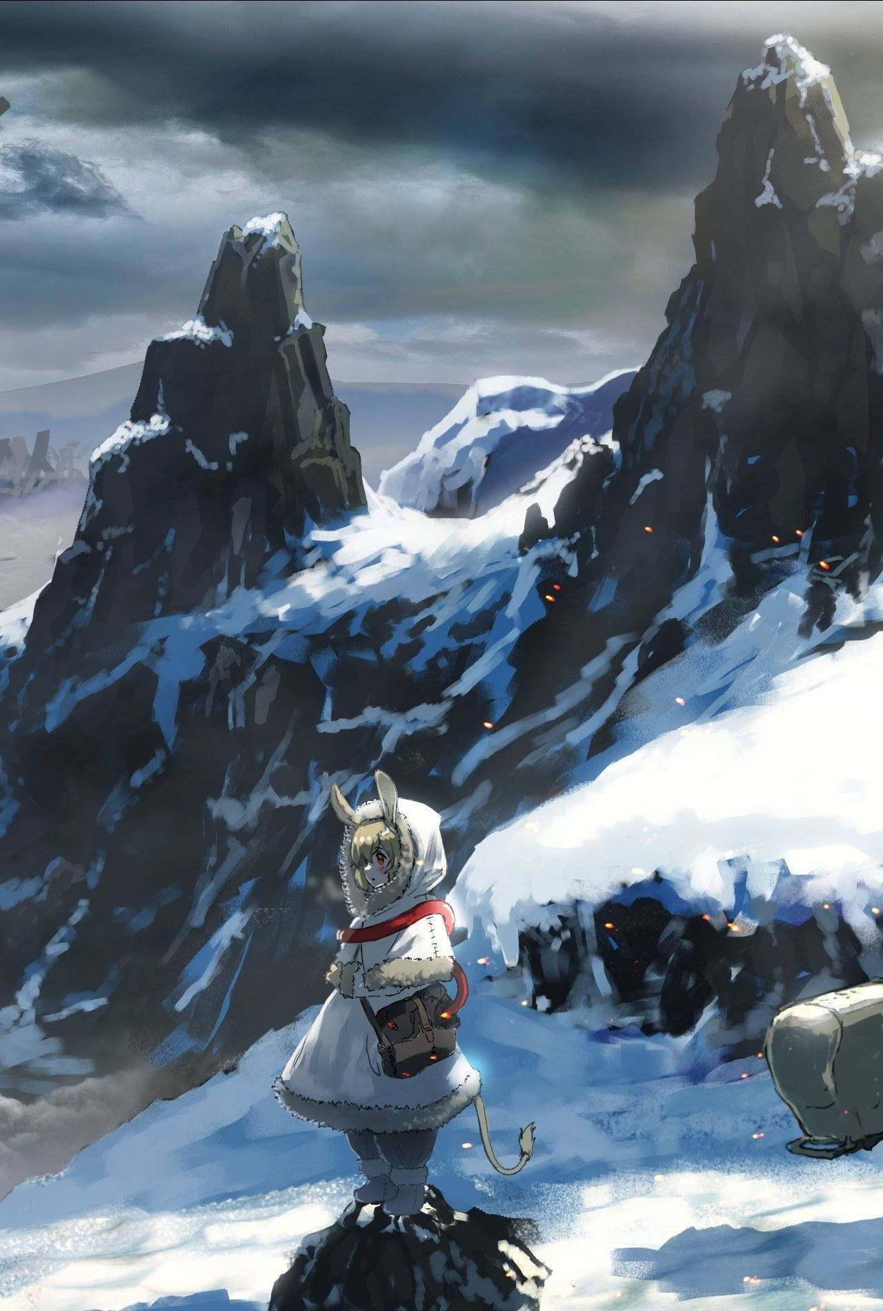 一隻穿著白色外套的小狐狸般生物站在積雪的山峰上，凝視著鋸齒狀的懸崖。