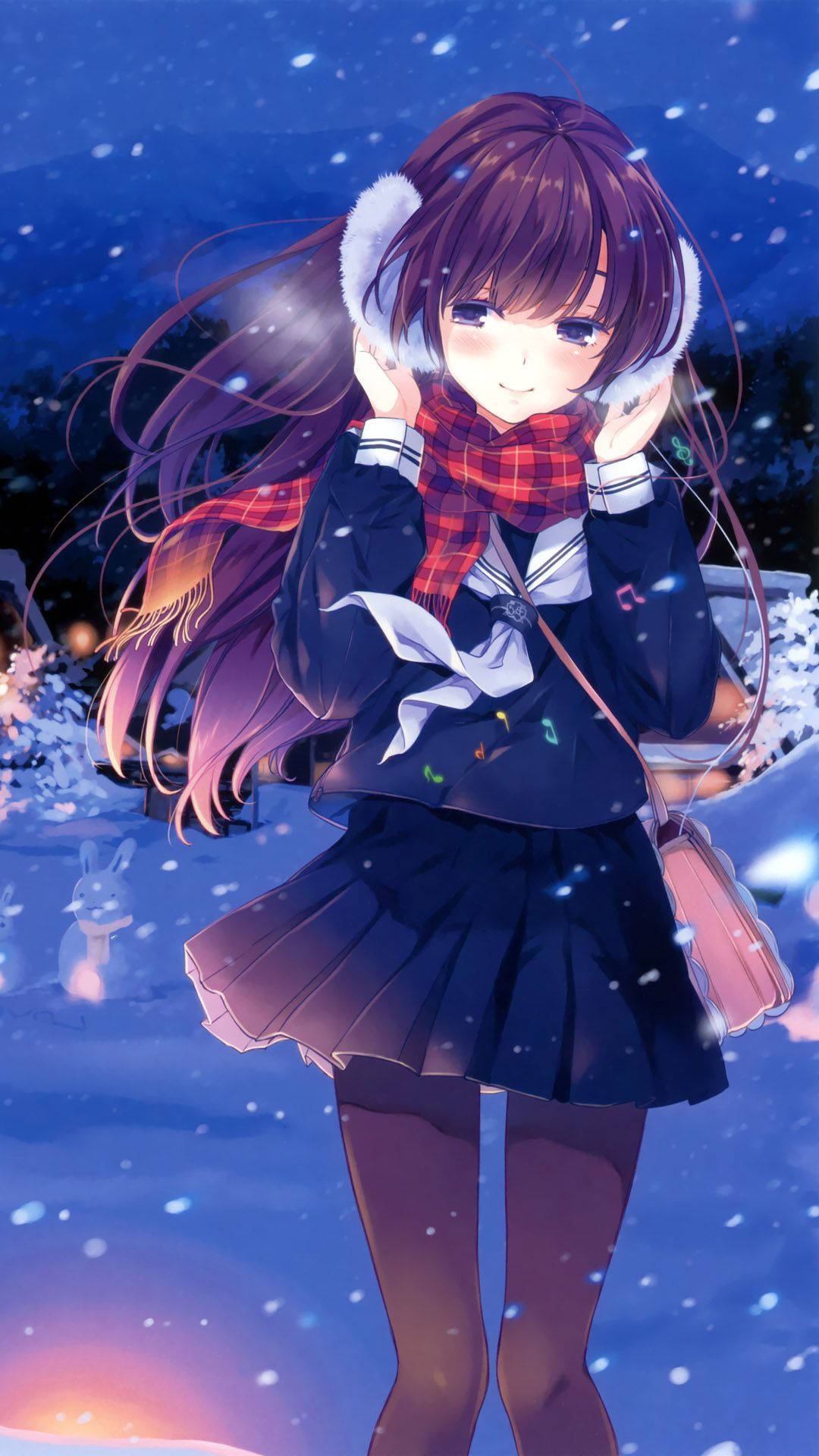 穿著冬季裝備的動漫女孩在雪夜場景中微笑，雪花飄落，燈光閃爍。