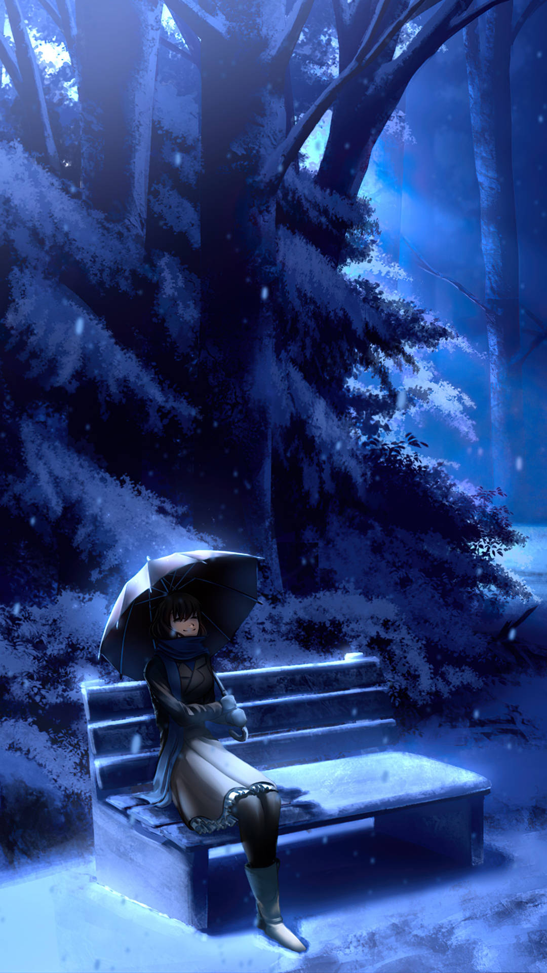 動漫女孩在冬日森林夜晚的雪長椅上撐傘。