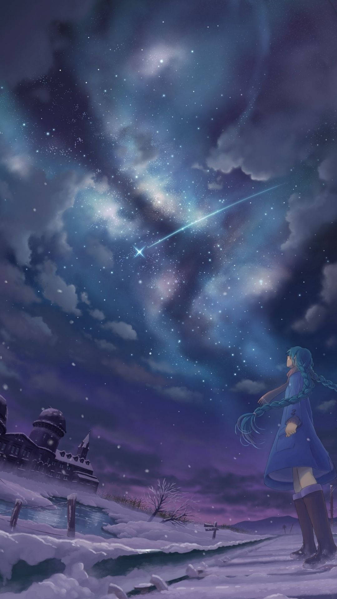 穿著藍色外套的動漫女孩在夜晚觀看雪景上空的流星。