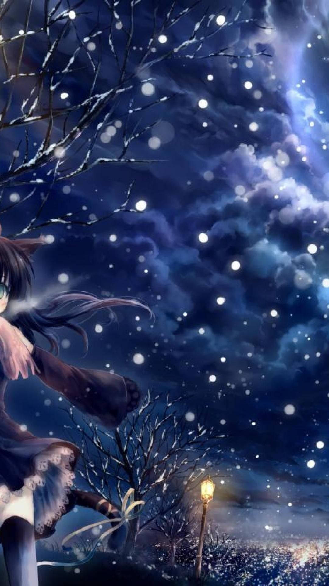 冬夜中，雪花飄落，路燈發光的動漫女孩。