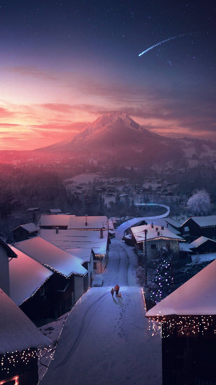 黃昏雪村，山脈與流星