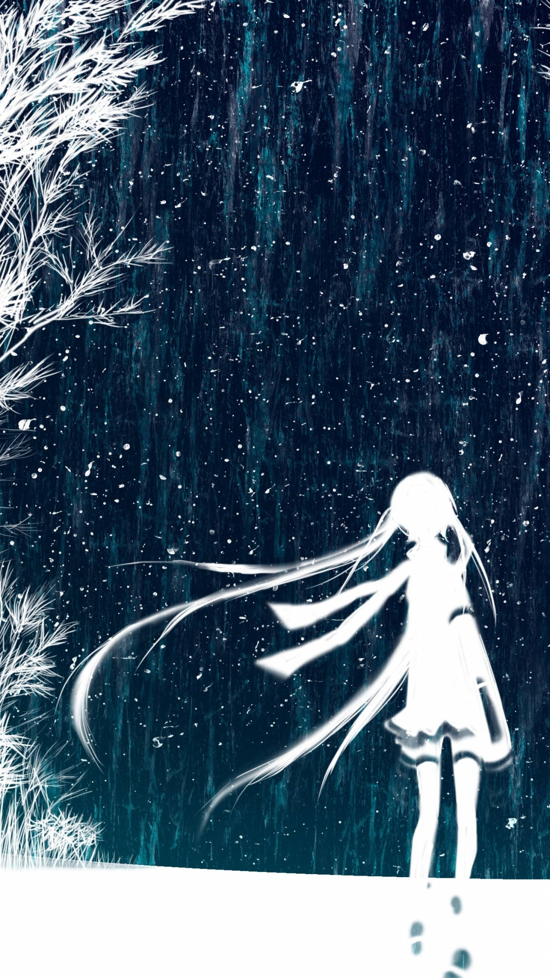 一個白色動漫女孩站在雪地中，背景是星空和光禿禿的樹木。