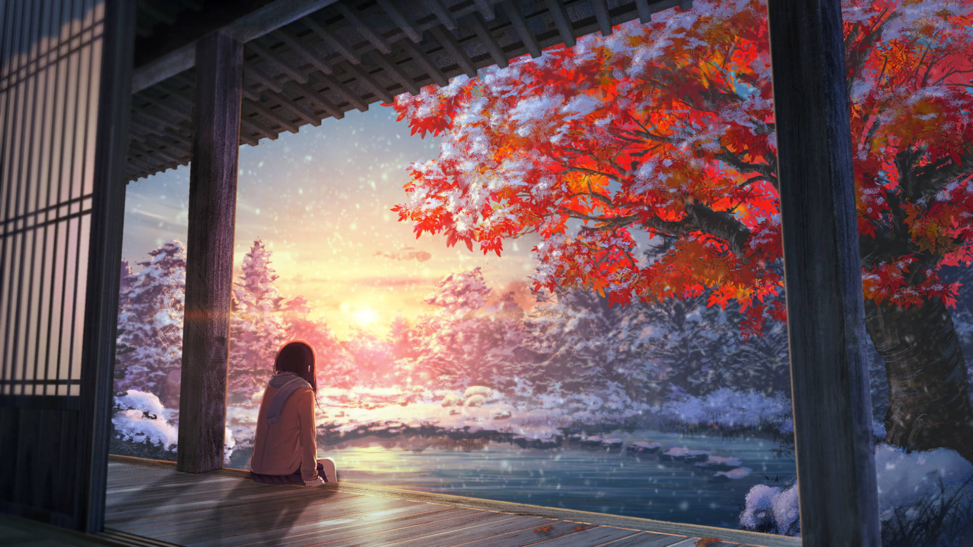 一個女孩坐在門廊上，觀賞雪景日落和紅楓樹。