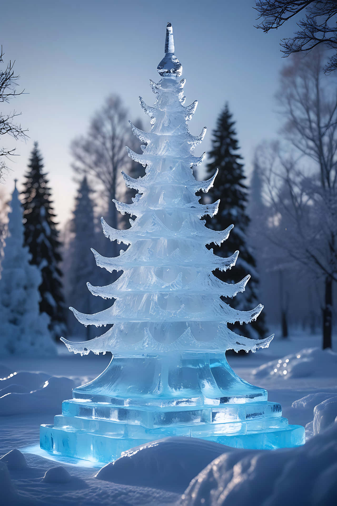 雪地森林中的一座大型藍色冰聖誕樹雕塑。