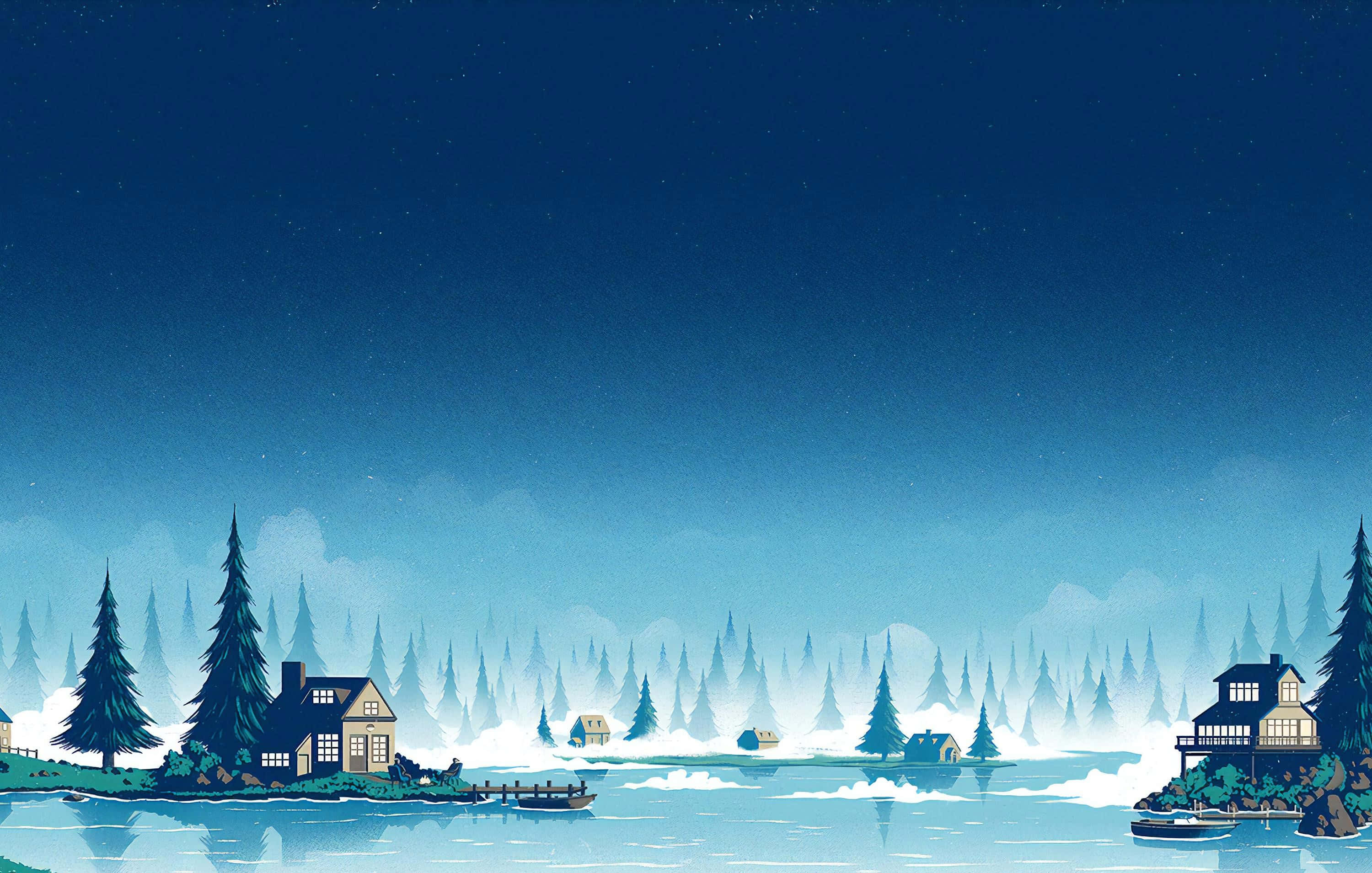 冬季森林中的小屋桌面壁紙 壁紙 — 寧靜的冬夜場景，雪覆蓋的房屋和松樹倒映在星空下的平靜湖面上。