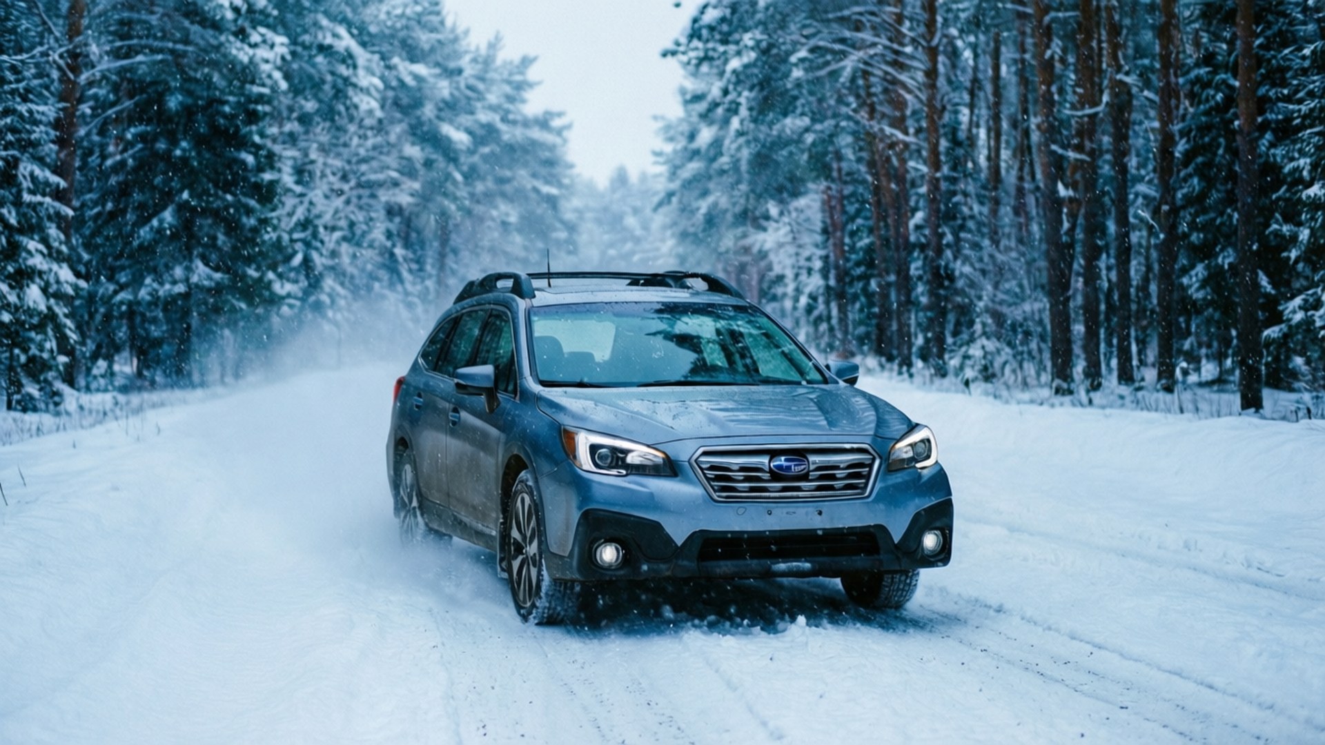 冬季銀色Subaru SUV在積雪森林道路上行駛。