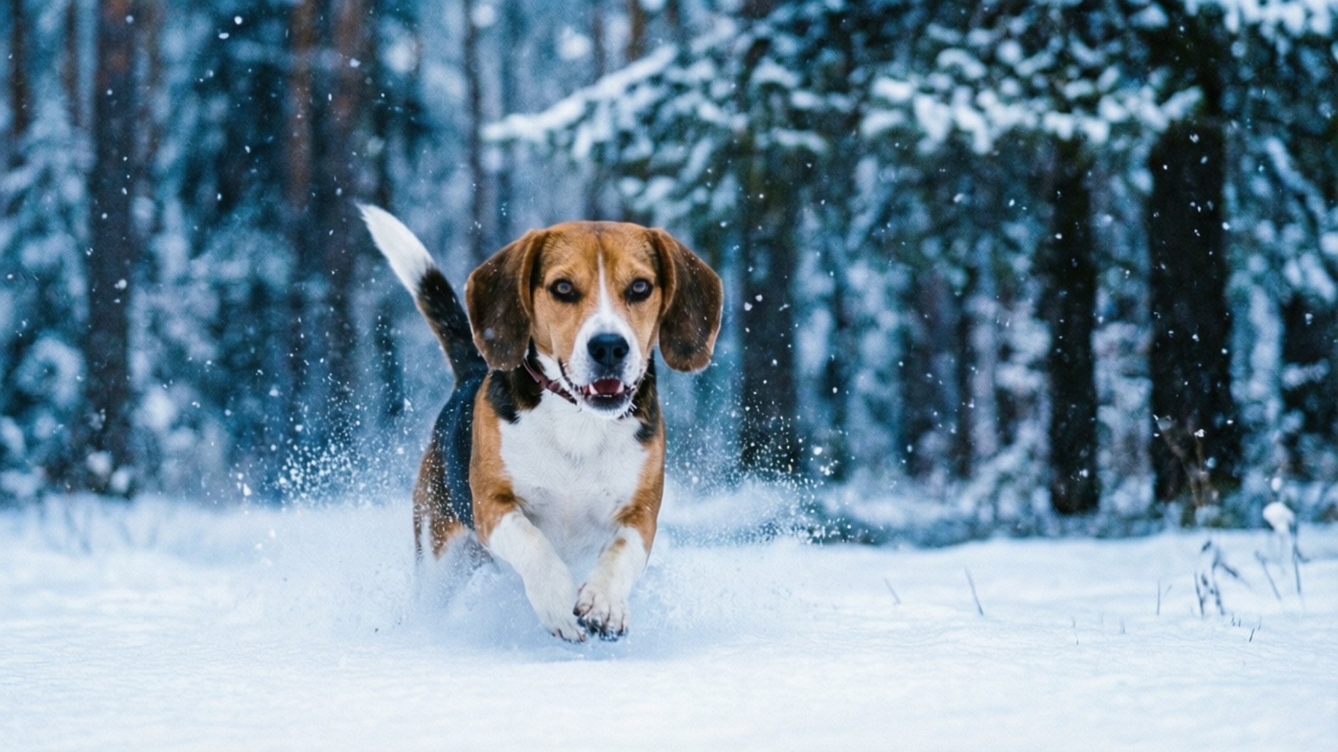 一隻比格犬在雪地森林的深雪中奔跑