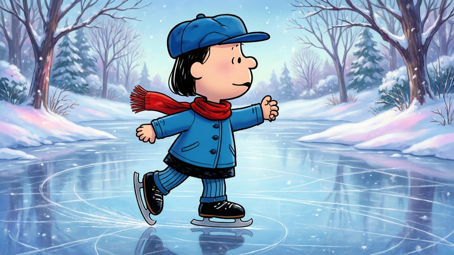 冬季滑冰者 壁紙 — 一個卡通小孩穿著藍色外套和紅色圍巾，在雪地結冰的池塘上溜冰，周圍是光禿禿的樹木。