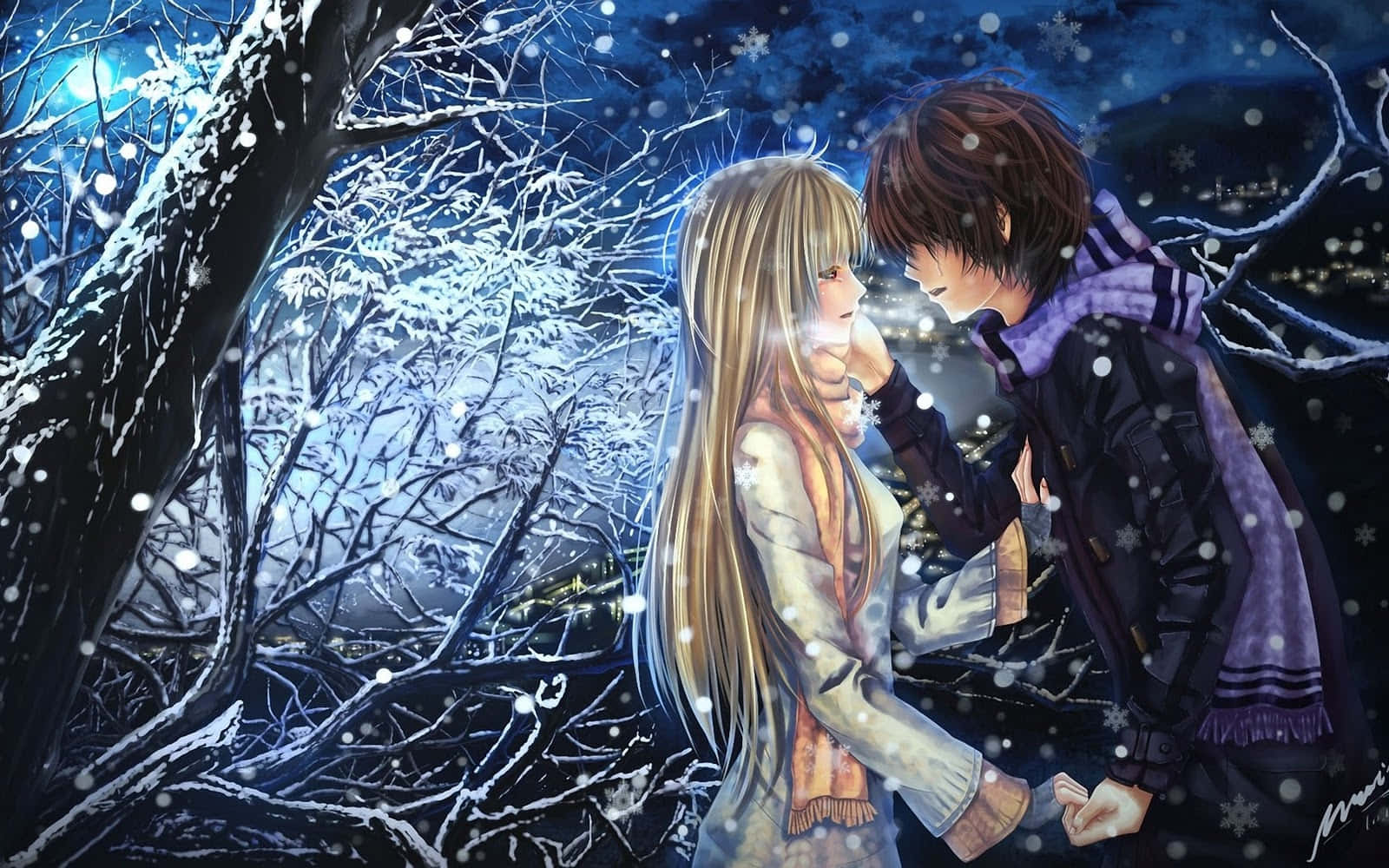 動漫情侶在夜晚被雪覆蓋的樹下擁抱。