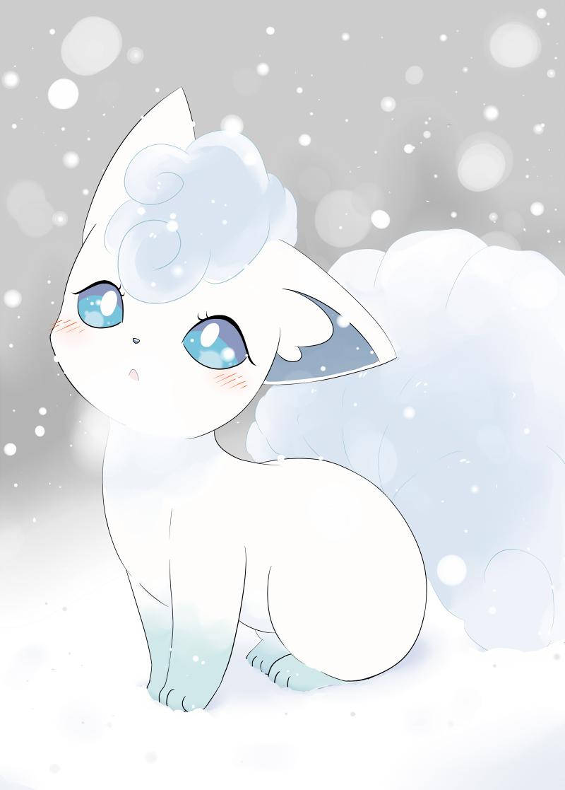 一隻藍眼睛的白色動漫狐狸坐在冬天的雪地裡。